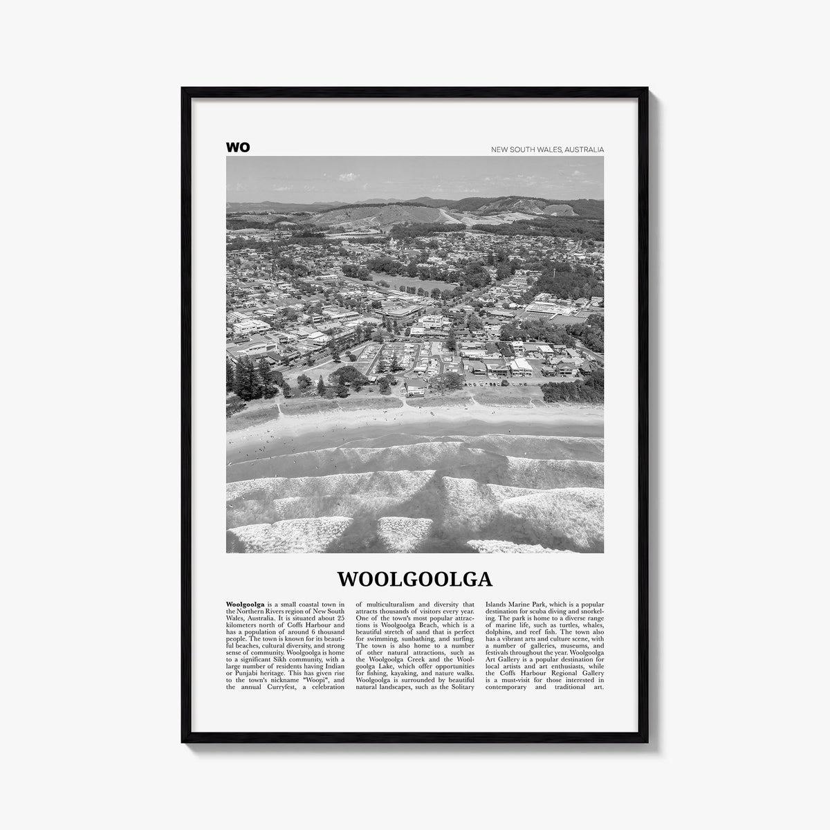 Woolgoolga black & white newspaper poster of Australia – vertical wall art, unframed print shown in interior mockup
