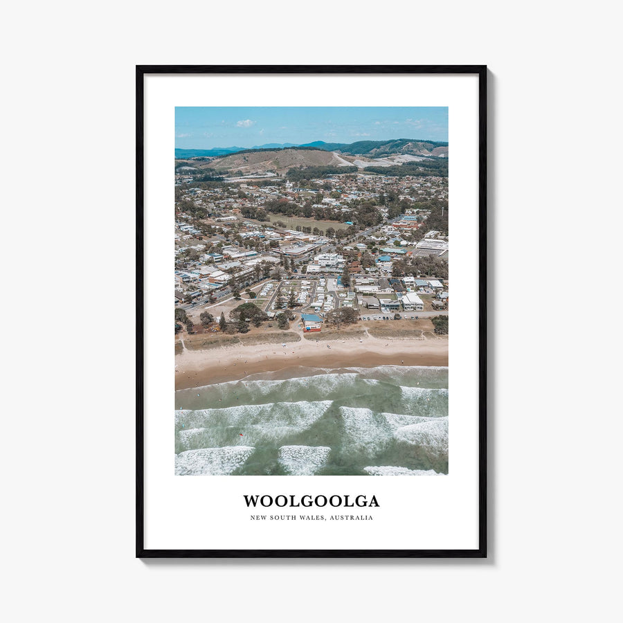 Woolgoolga colorful classic poster of Australia – vertical wall art, unframed print shown in interior mockup