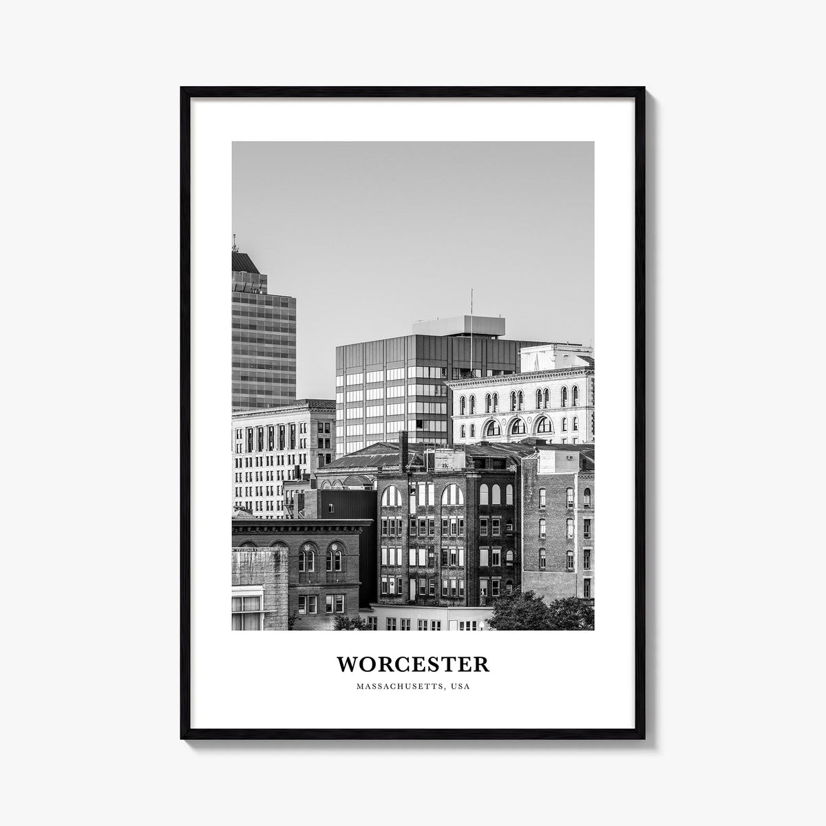 Worcester black & white classic poster of Massachusetts, USA – vertical wall art, unframed print shown in interior mockup