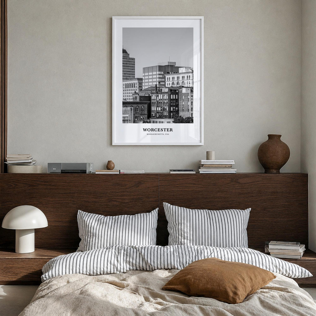 Worcester black & white classic poster of Massachusetts, USA – vertical wall art in white wood frame, hanging on wall