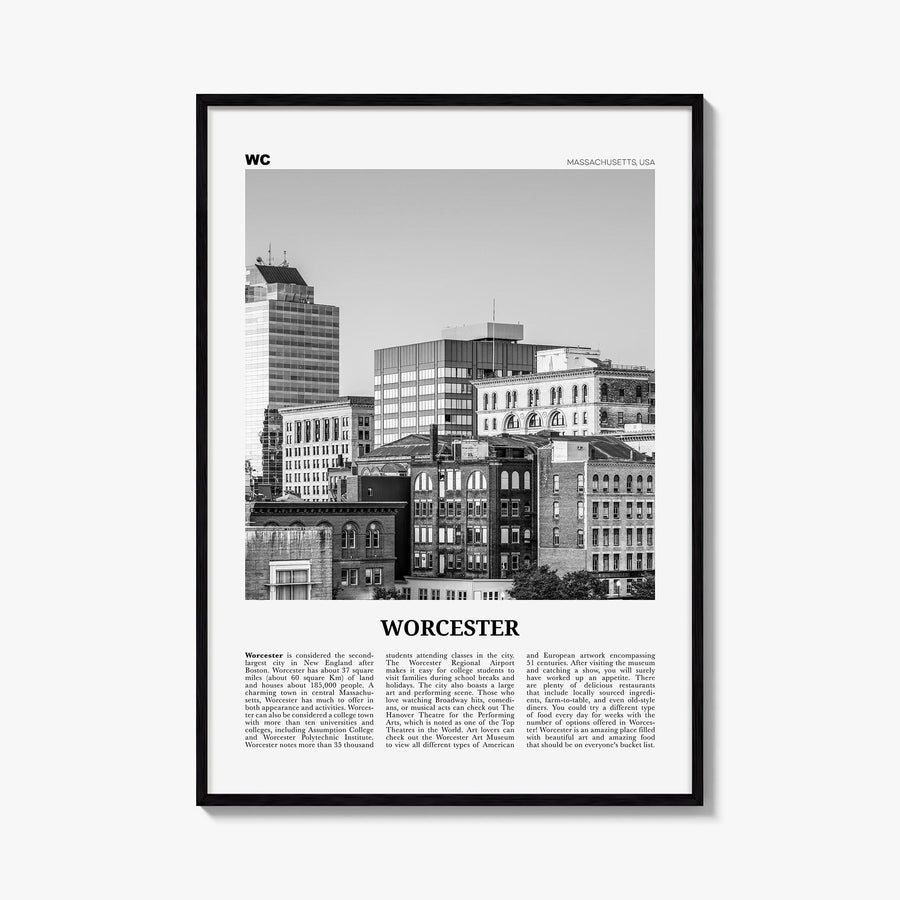 Worcester black & white newspaper poster of Massachusetts, USA – vertical wall art, unframed print shown in interior mockup