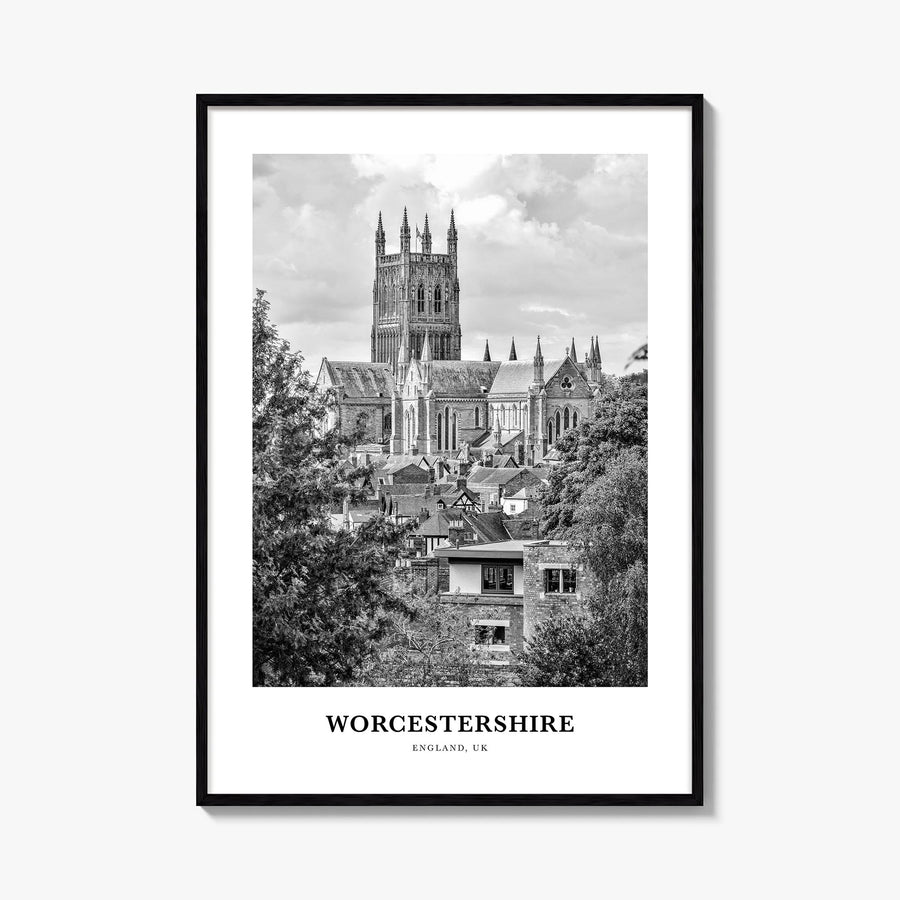 Worcestershire black & white classic poster of United Kingdom – vertical wall art, unframed print shown in interior mockup