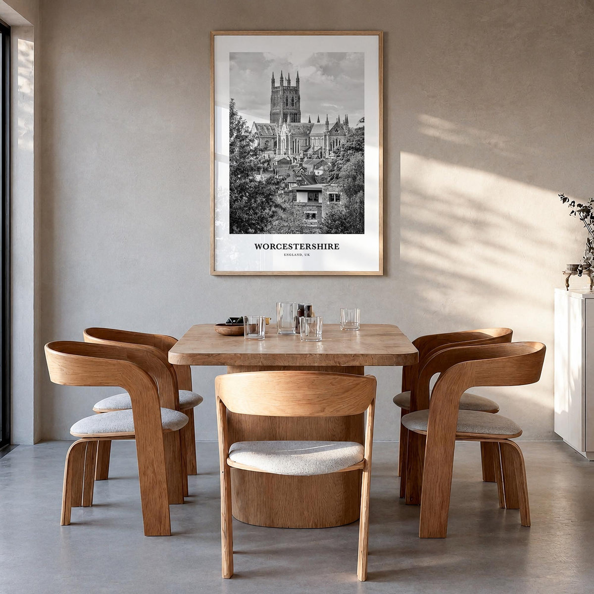 Worcestershire black & white classic poster of United Kingdom – vertical wall art in natural wood frame, hanging on wall