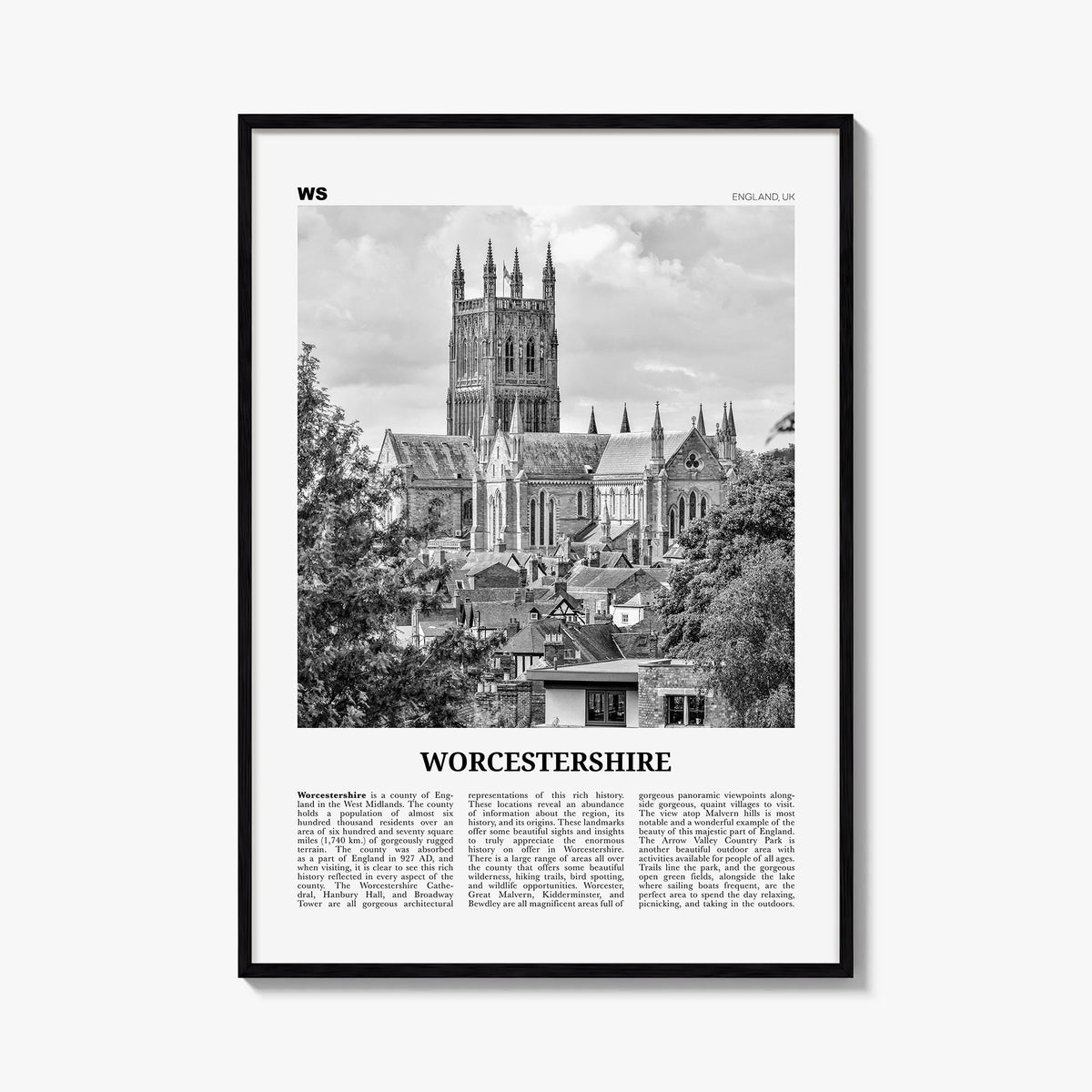 Worcestershire black & white newspaper poster of United Kingdom – vertical wall art, unframed print shown in interior mockup