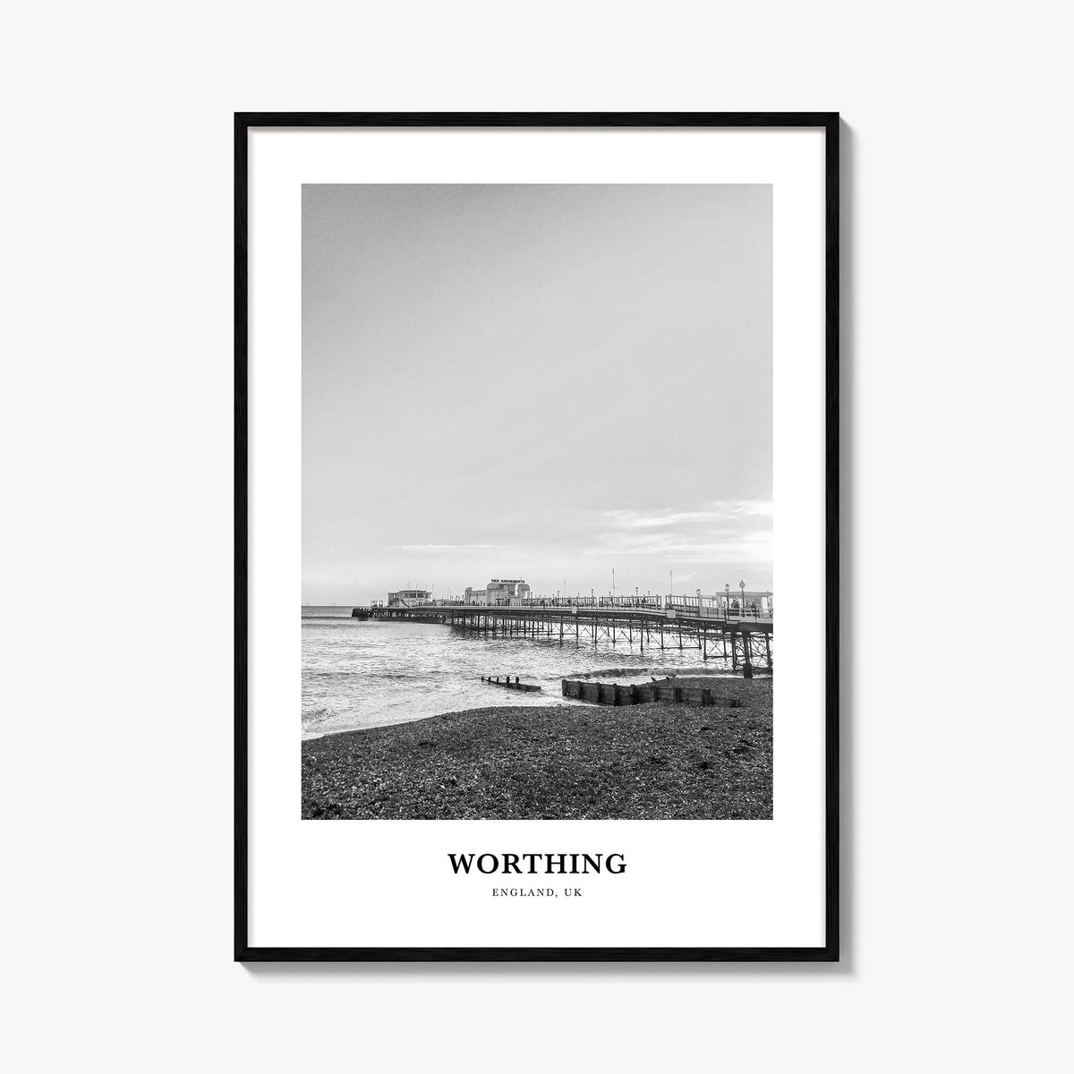 Worthing black & white classic poster of United Kingdom – vertical wall art, unframed print shown in interior mockup