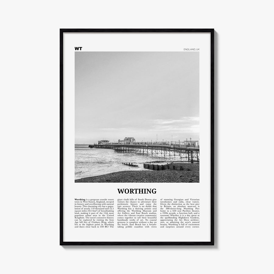 Worthing black & white newspaper poster of United Kingdom – vertical wall art, unframed print shown in interior mockup