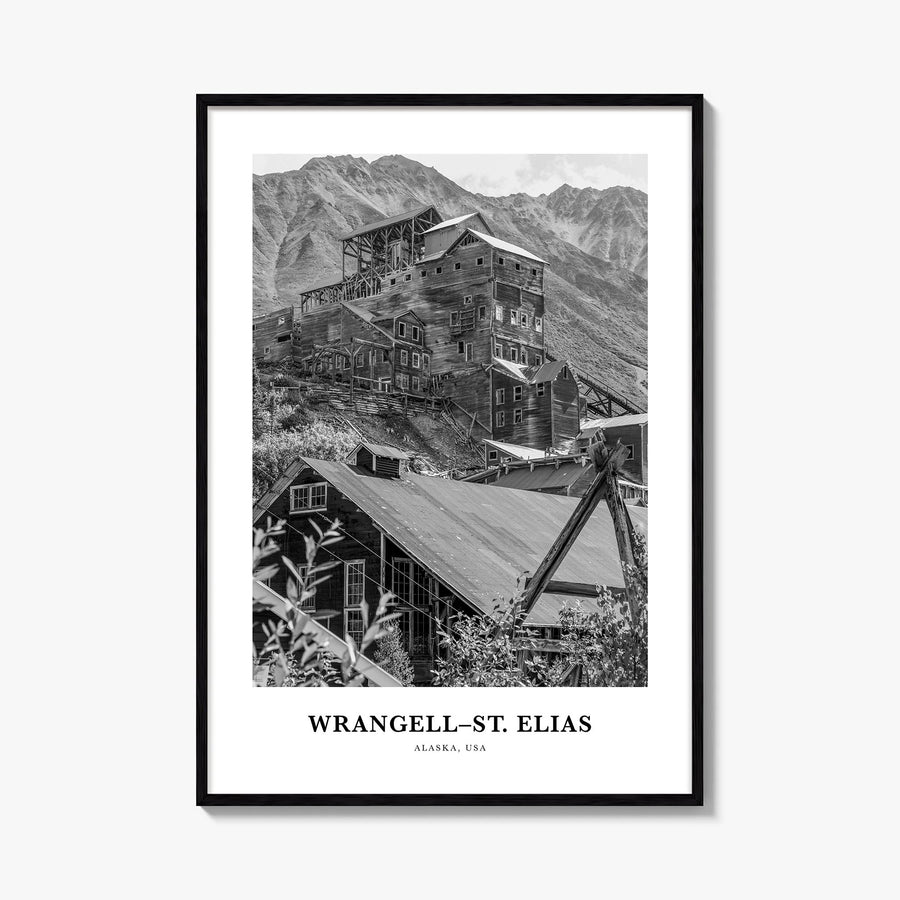 Wrangell–St. Elias National Park black & white classic poster of Alaska, USA – vertical wall art, unframed print shown in int