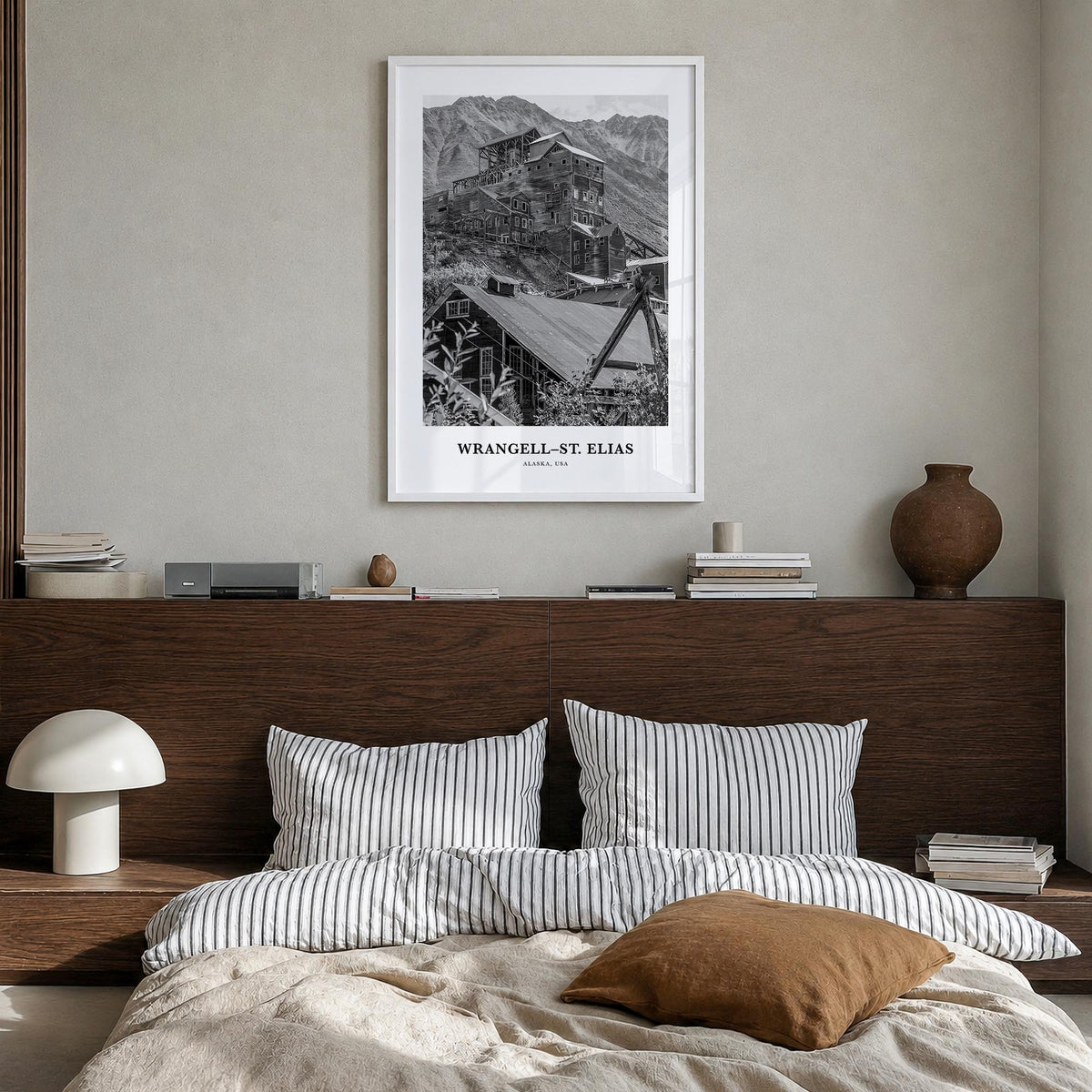 Wrangell–St. Elias National Park black & white classic poster of Alaska, USA – vertical wall art in white wood frame, hanging