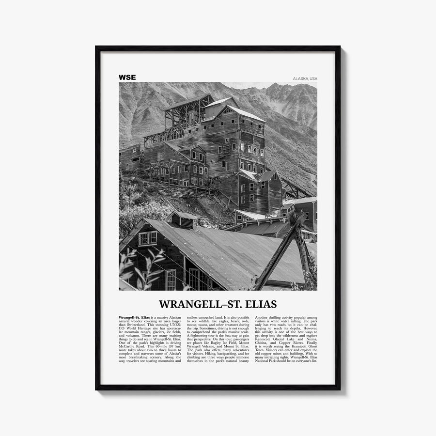 Wrangell–St. Elias National Park black & white newspaper poster of Alaska, USA – vertical wall art, unframed print shown in i