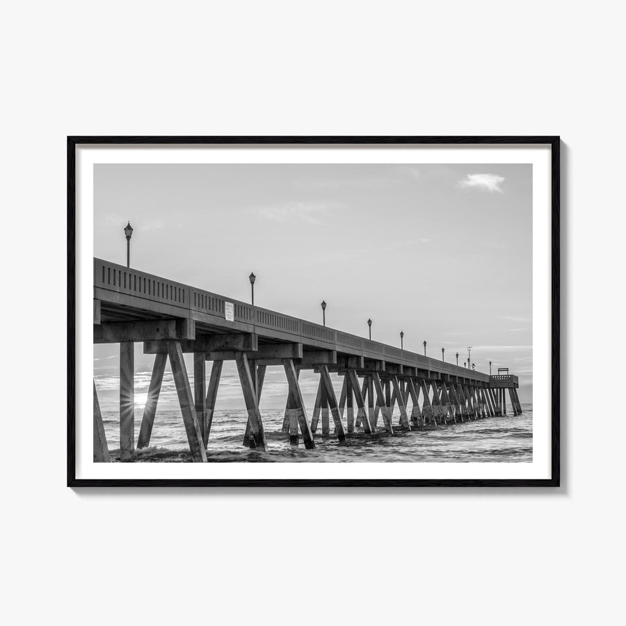 Wrightsville Beach black & white photo poster of North Carolina, USA – horizontal wall art, unframed print shown in interior 
