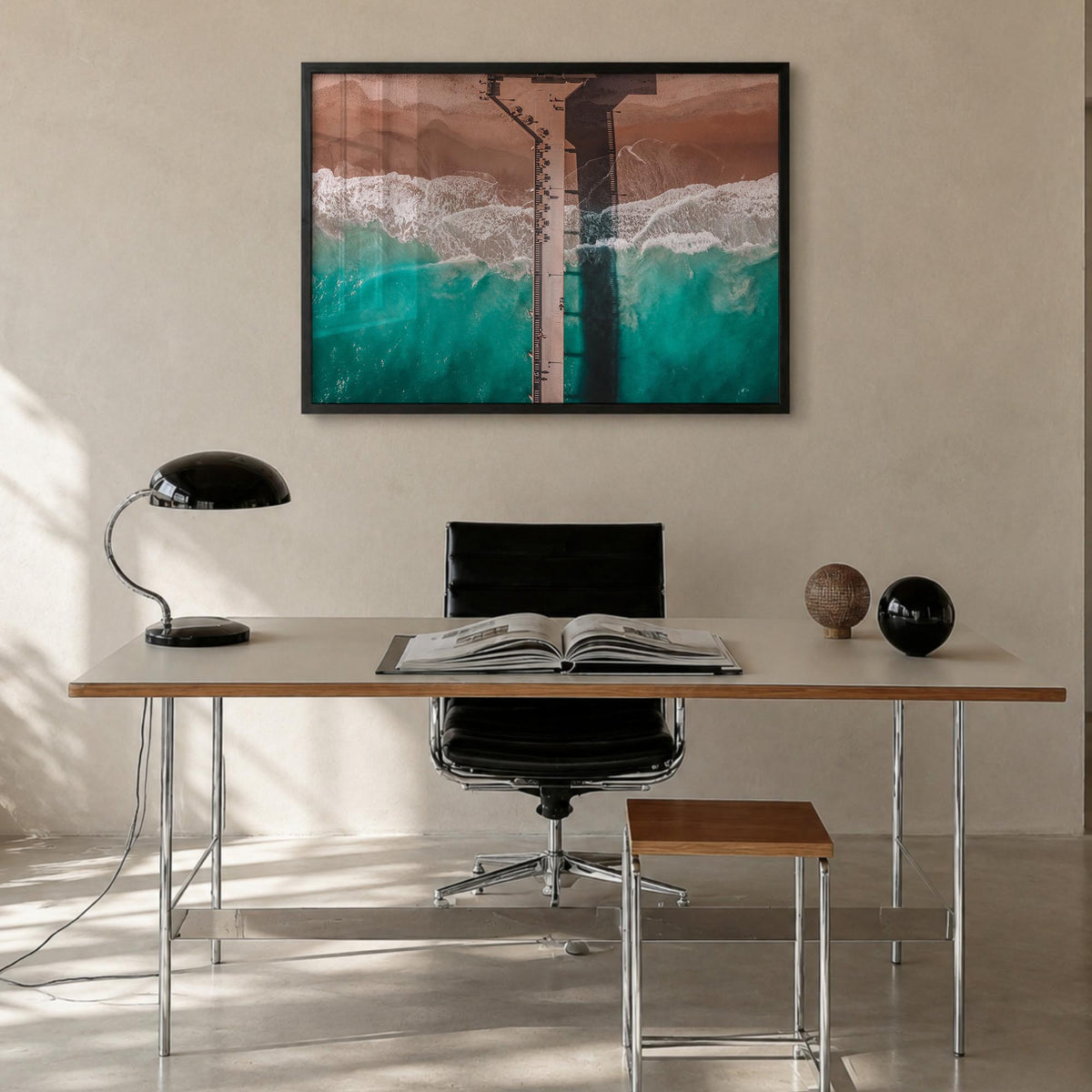 Wrightsville Beach colorful photo poster of North Carolina, USA – horizontal wall art in black wood frame, hanging on wall