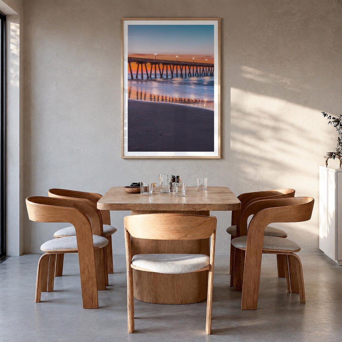 Wrightsville Beach colorful photo poster of North Carolina, USA – vertical wall art in natural wood frame with white border, 
