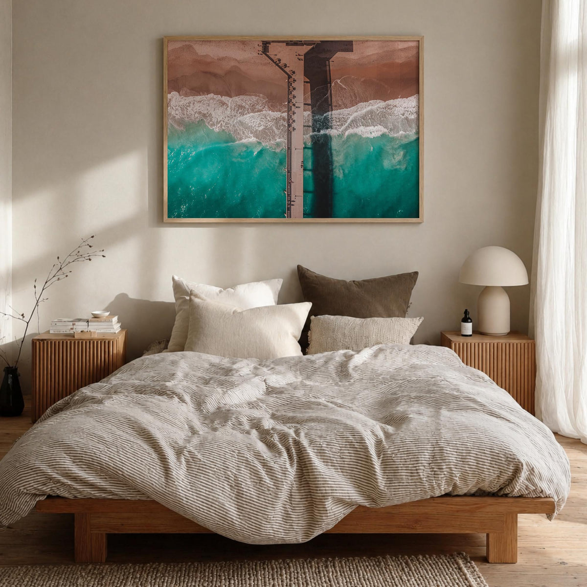 Wrightsville Beach colorful photo poster of North Carolina, USA – horizontal wall art in natural wood frame, hanging on wall