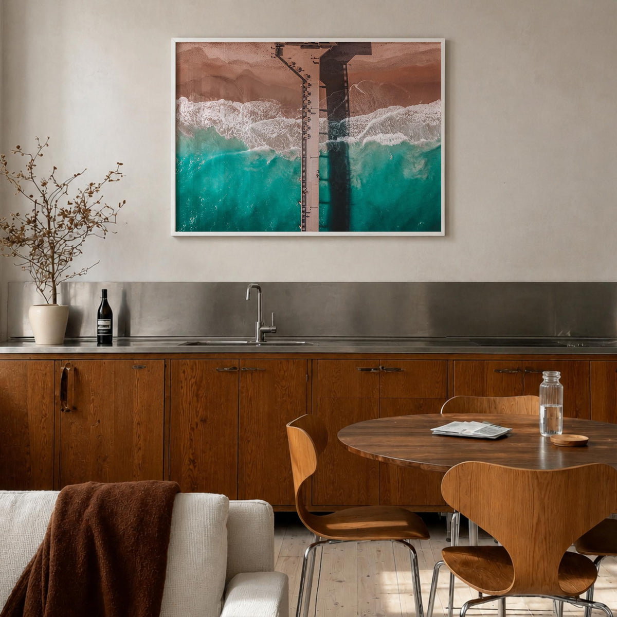 Wrightsville Beach colorful photo poster of North Carolina, USA – horizontal wall art in white wood frame, hanging on wall