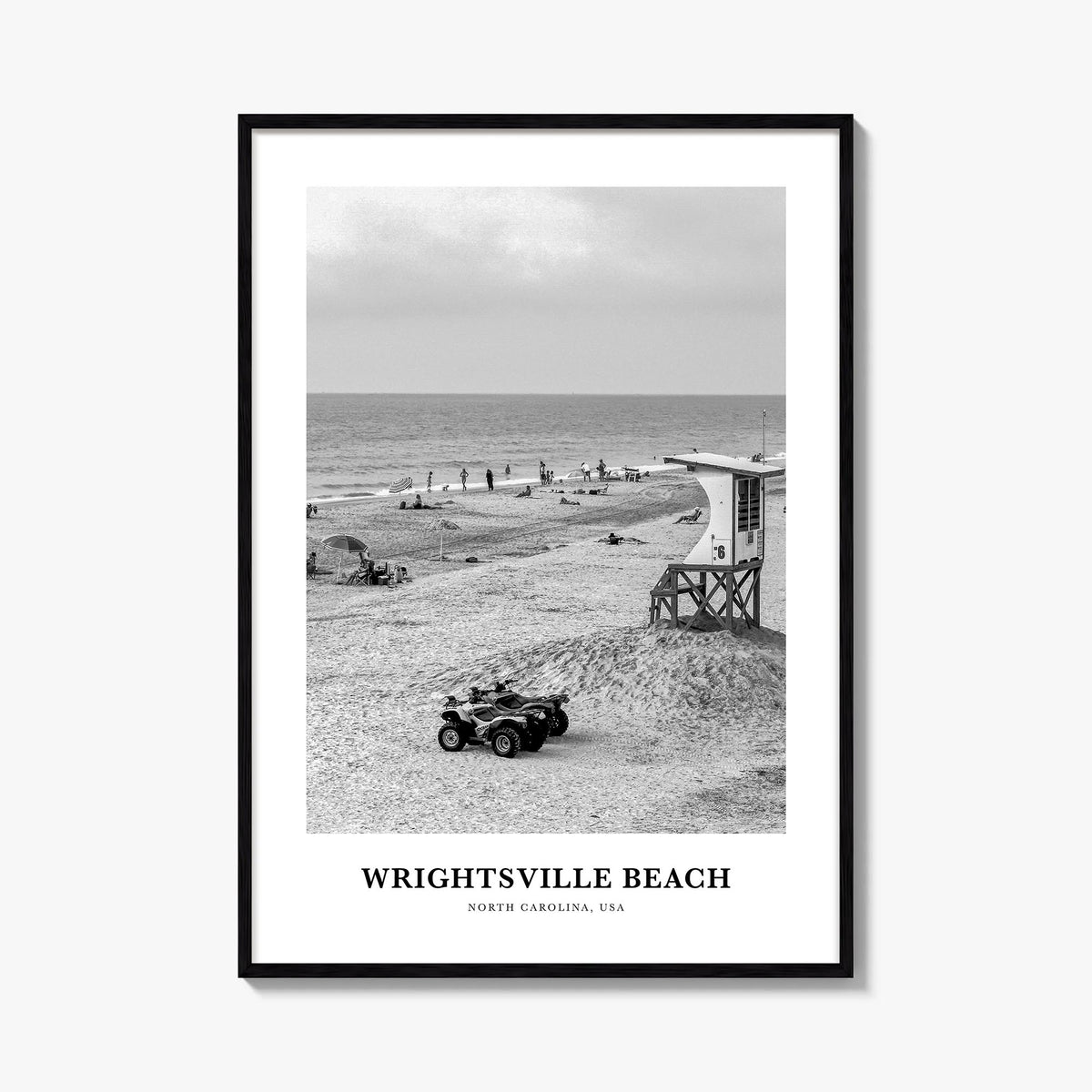 Wrightsville Beach no. 1 black & white classic poster of North Carolina, USA – vertical wall art, unframed print shown in int