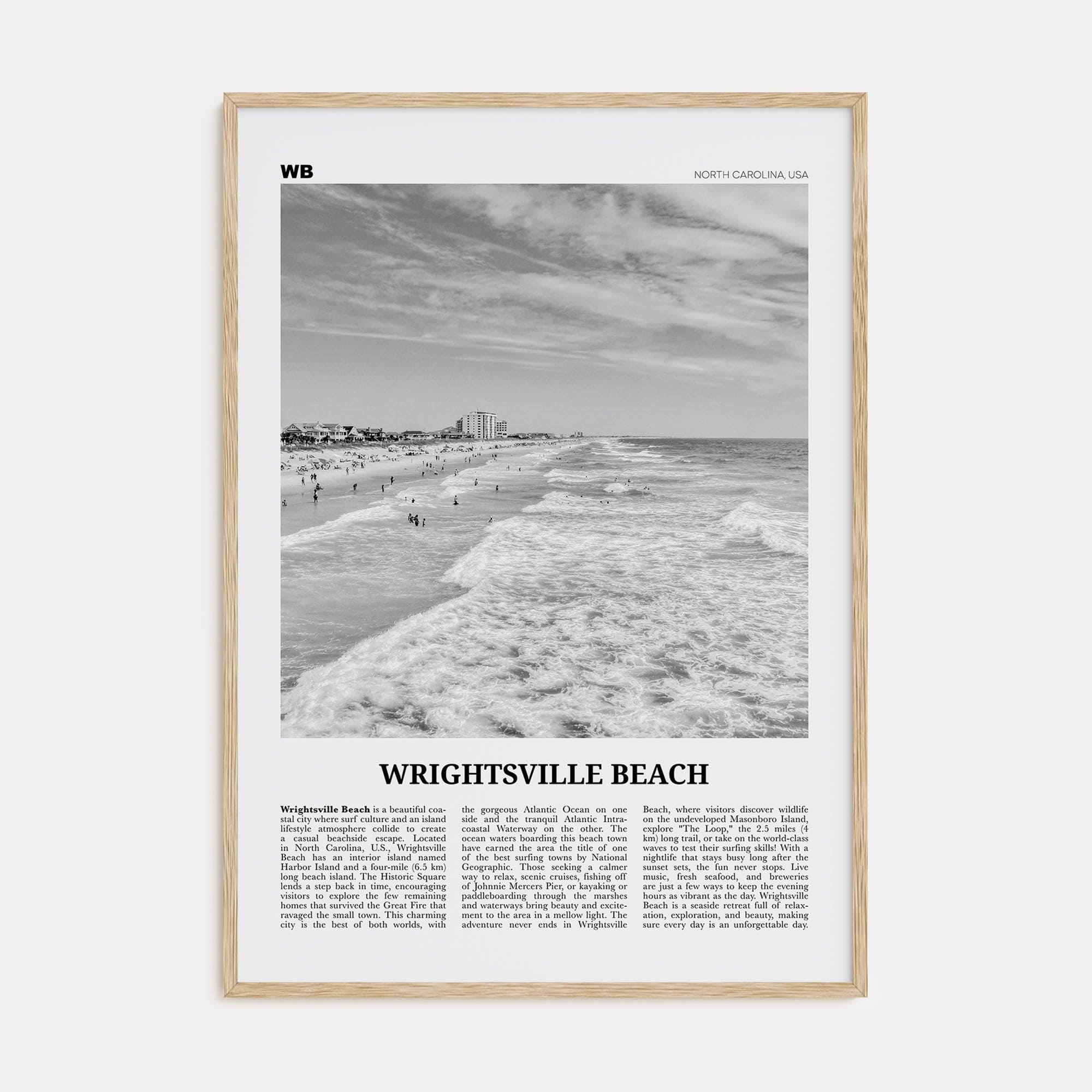 Wrightsville Beach No 1 Poster Natural Wood / 8x12 in Nbourhood Travel B&W Poster