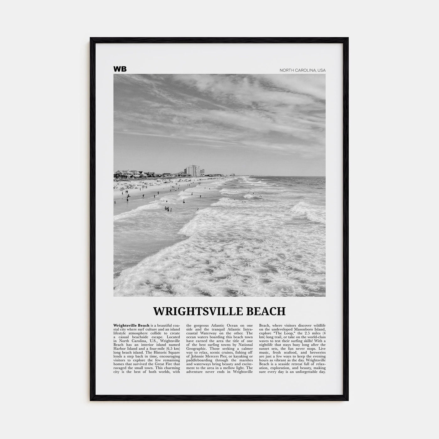 Wrightsville Beach No 1 Poster Black Wood / 8x12 in Nbourhood Travel B&W Poster