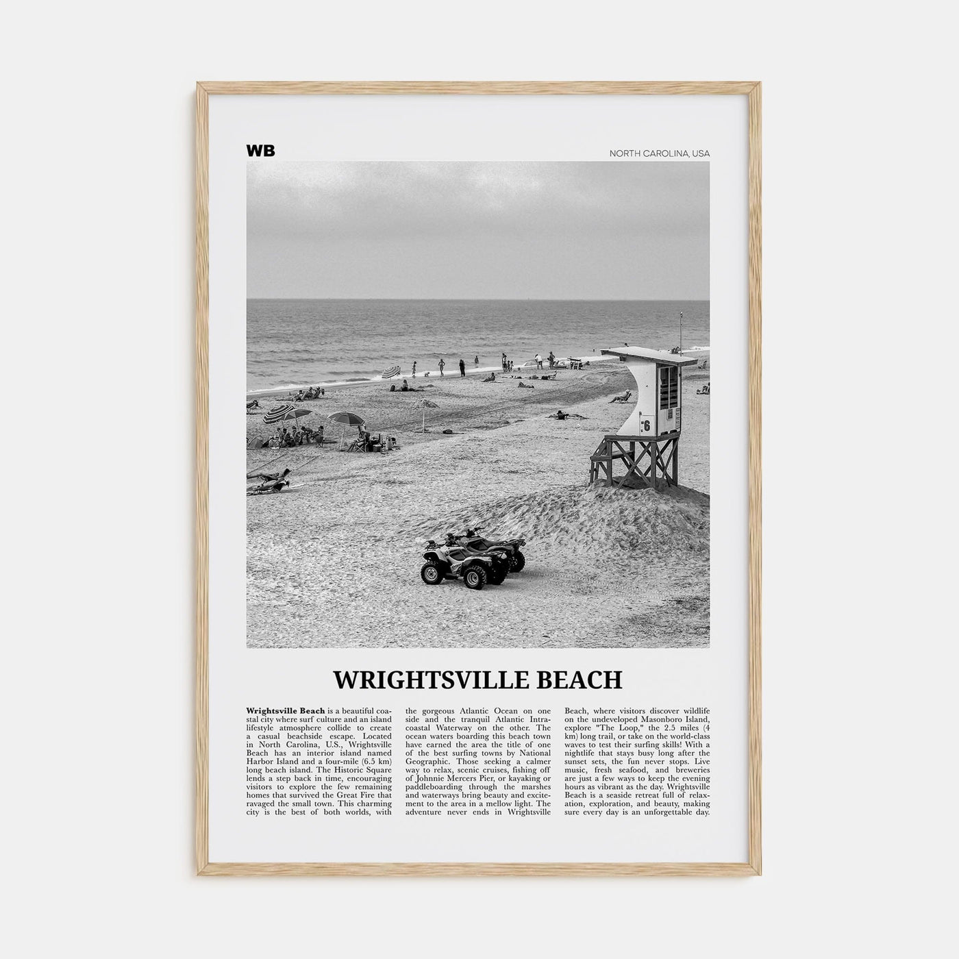 Wrightsville Beach No 2 Poster Natural Wood / 8x12 in Nbourhood Travel B&W Poster