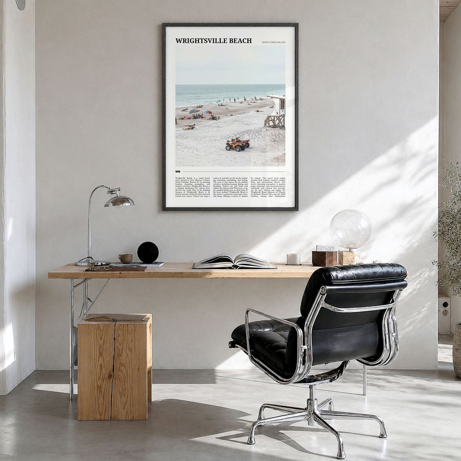 Wrightsville Beach Travel Poster in a black wood frame, hanging in a bright home office
