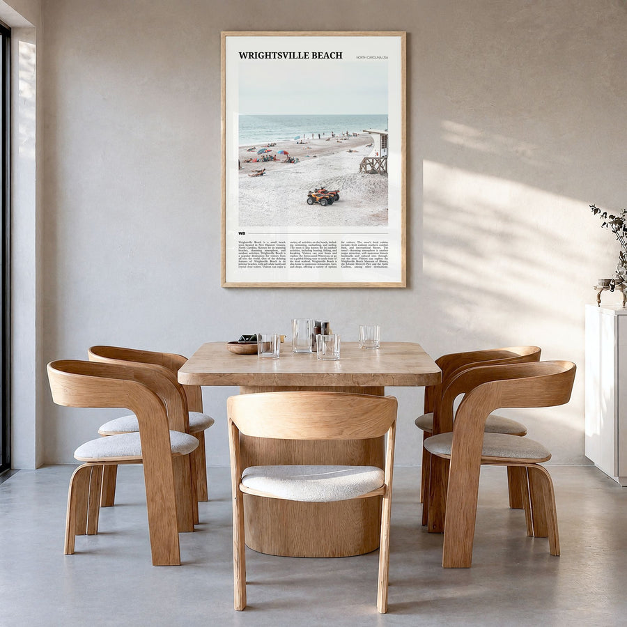 Wrightsville Beach Travel Poster in a natural wood frame, hanging in a dining room