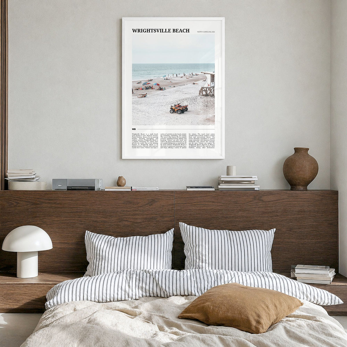 Wrightsville Beach Travel Poster in a white wood frame, hanging in a bedroom