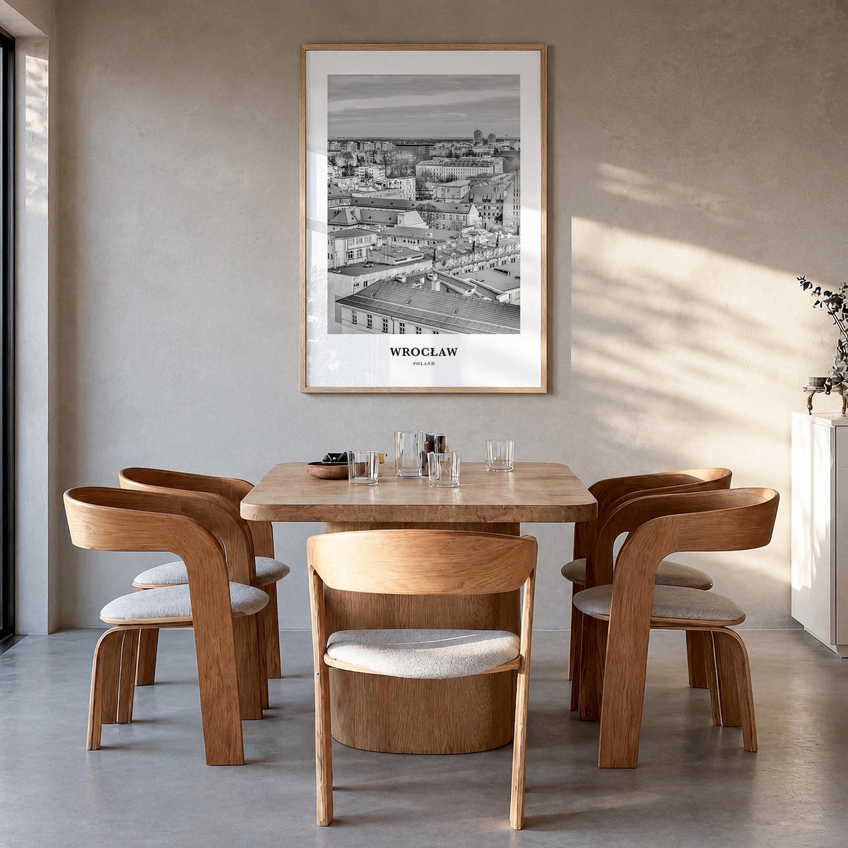 Wrocław black & white classic poster of Poland – vertical wall art in natural wood frame, hanging on wall