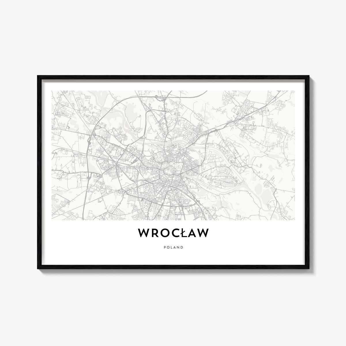 Wrocław black & white map poster of Poland – horizontal wall art, unframed print shown in interior mockup