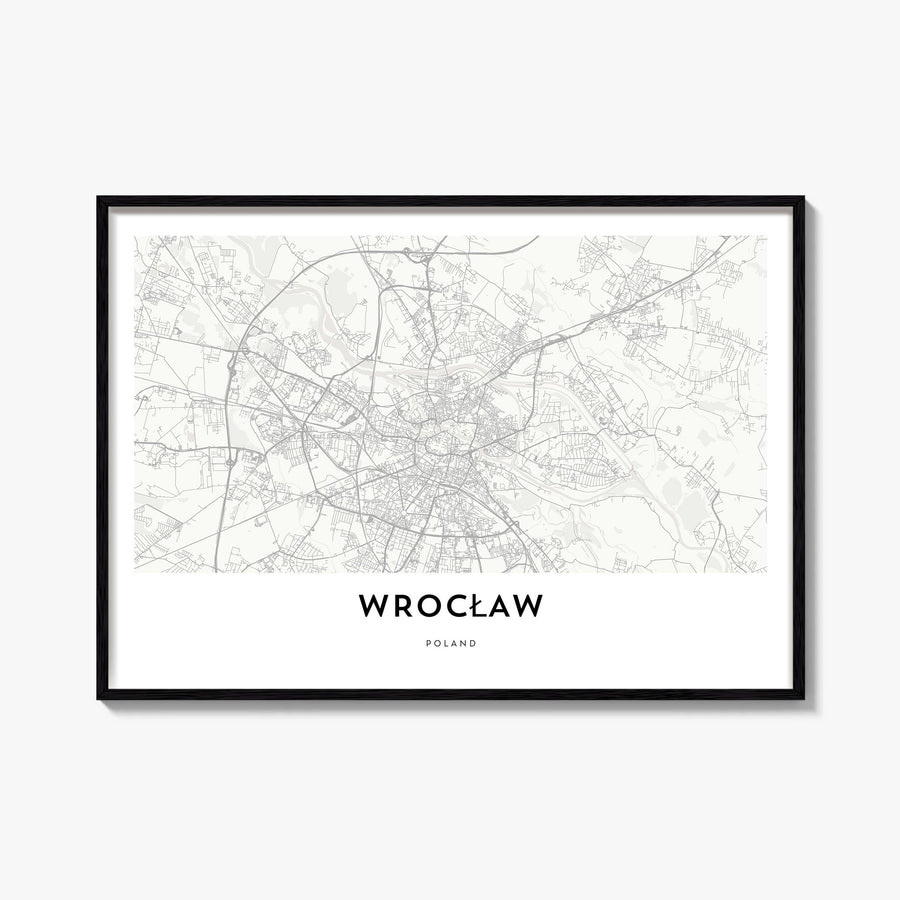 Wrocław black & white map poster of Poland – horizontal wall art, unframed print shown in interior mockup