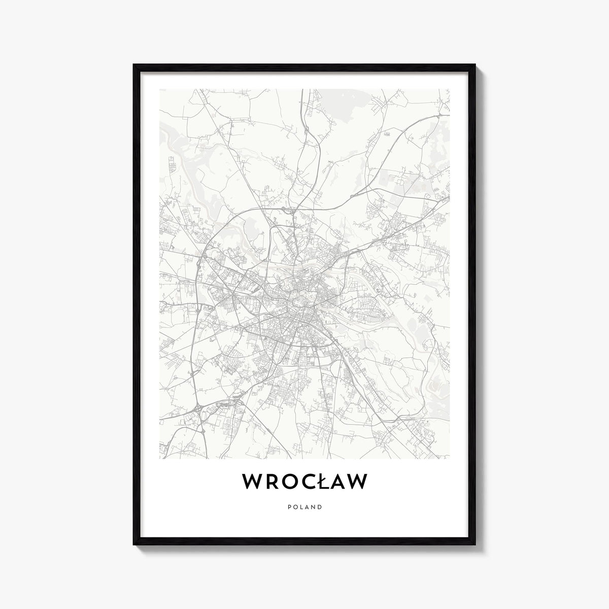 Wrocław black & white map poster of Poland – vertical wall art, unframed print shown in interior mockup
