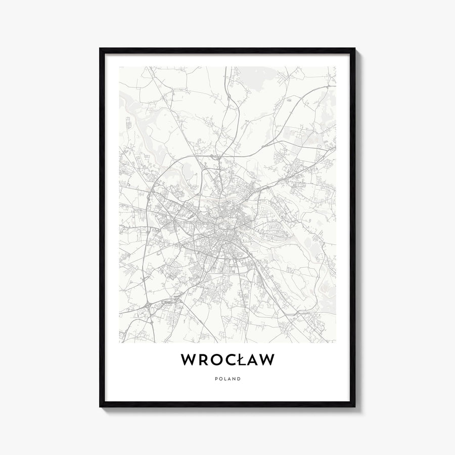 Wrocław black & white map poster of Poland – vertical wall art, unframed print shown in interior mockup