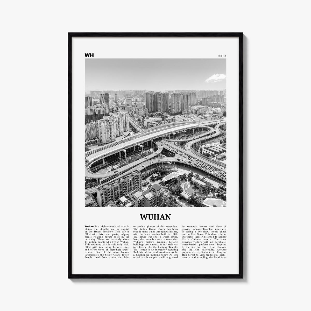 Wuhan black & white newspaper poster of China – vertical wall art, unframed print shown in interior mockup