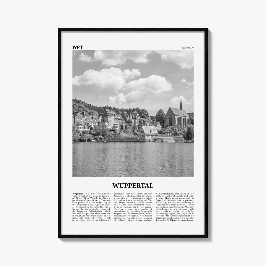 Wuppertal black & white newspaper poster of Germany – vertical wall art, unframed print shown in interior mockup