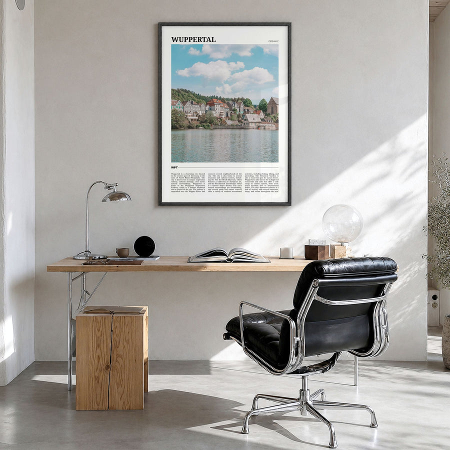 Wuppertal Travel Poster in a black wood frame, hanging in a bright home office