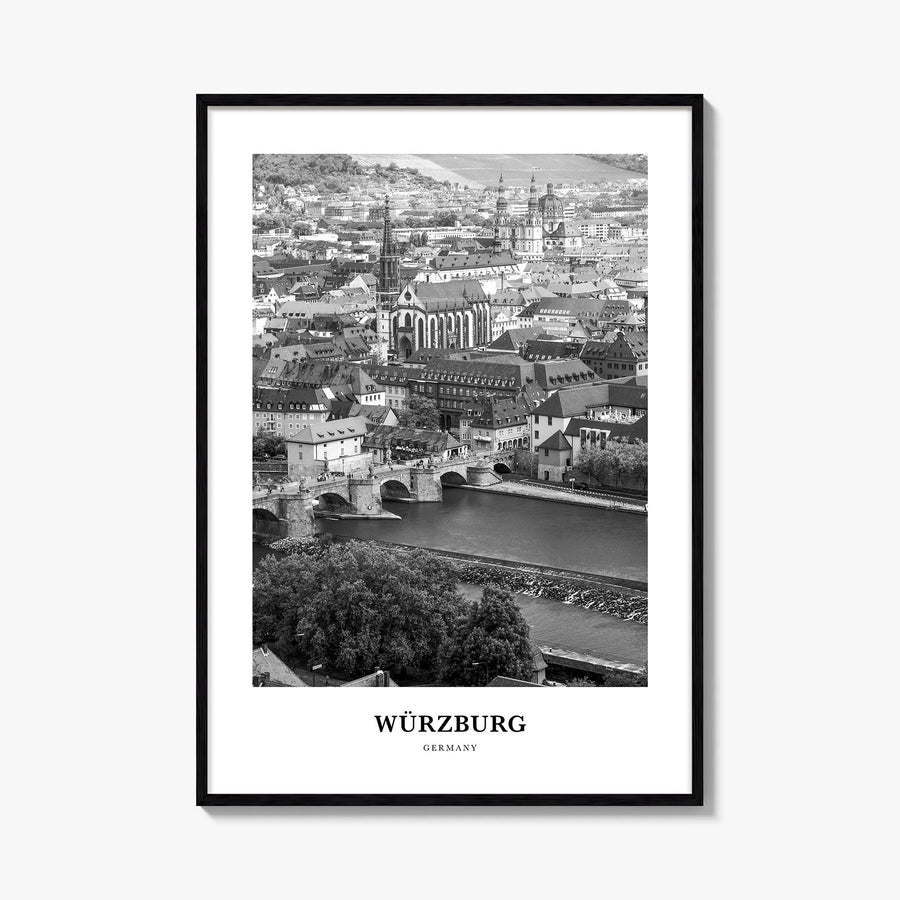 Würzburg black & white classic poster of Germany – vertical wall art, unframed print shown in interior mockup