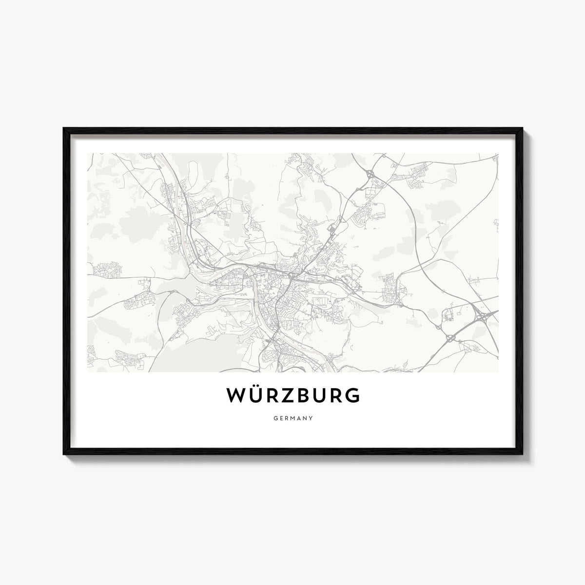 Würzburg black & white map poster of Germany – horizontal wall art, unframed print shown in interior mockup