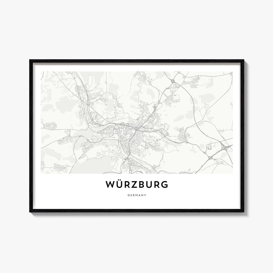 Würzburg black & white map poster of Germany – horizontal wall art, unframed print shown in interior mockup