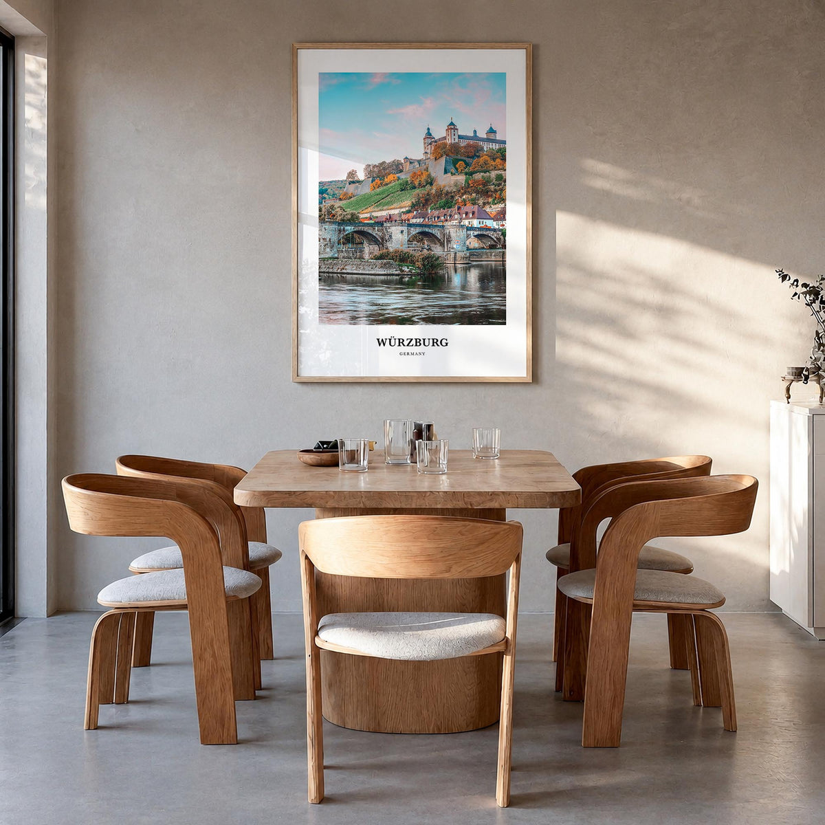 Würzburg colorful classic poster of Germany – vertical wall art in natural wood frame, hanging on wall