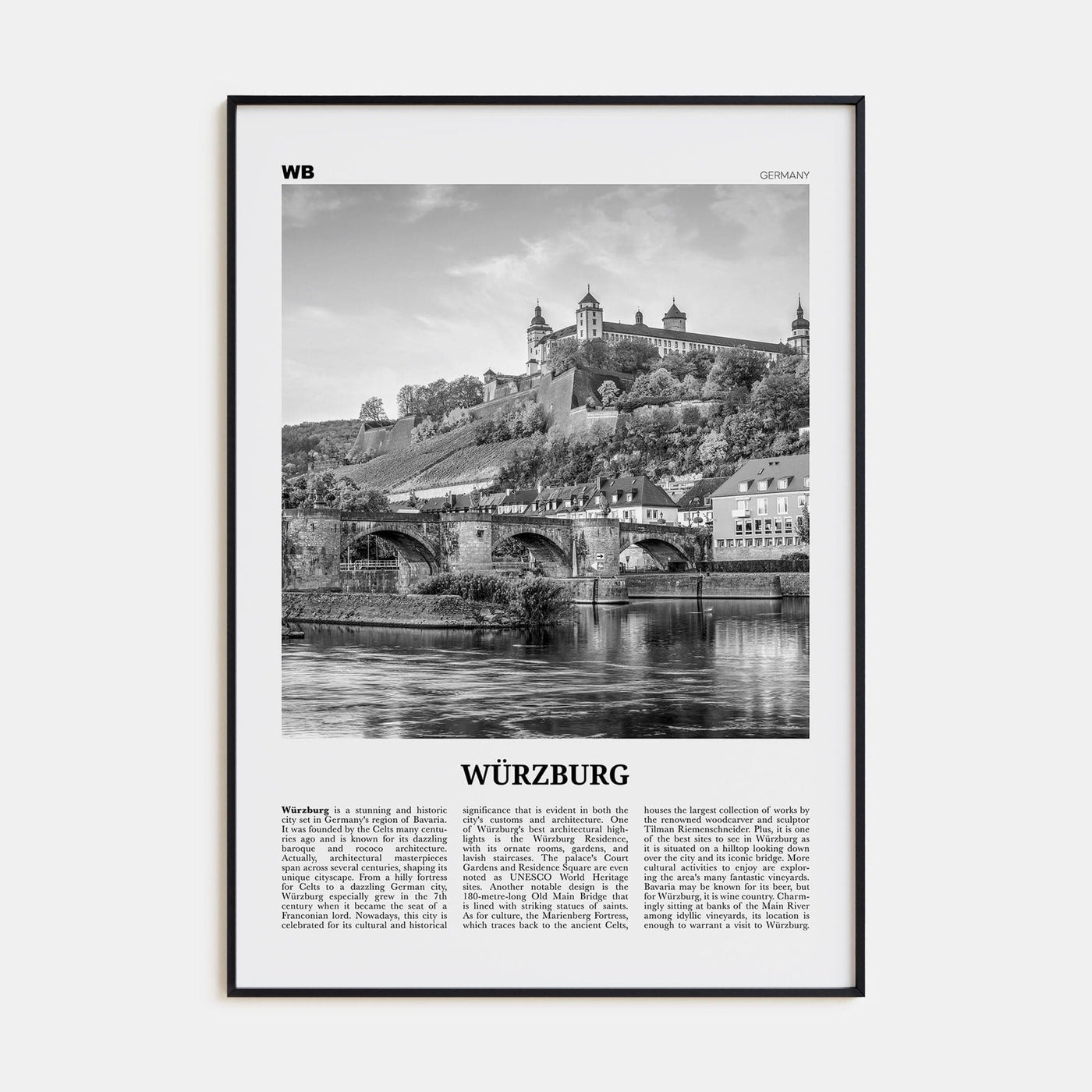 Würzburg No 2 Poster Black Metal / 8x12 in Nbourhood Travel B&W Poster