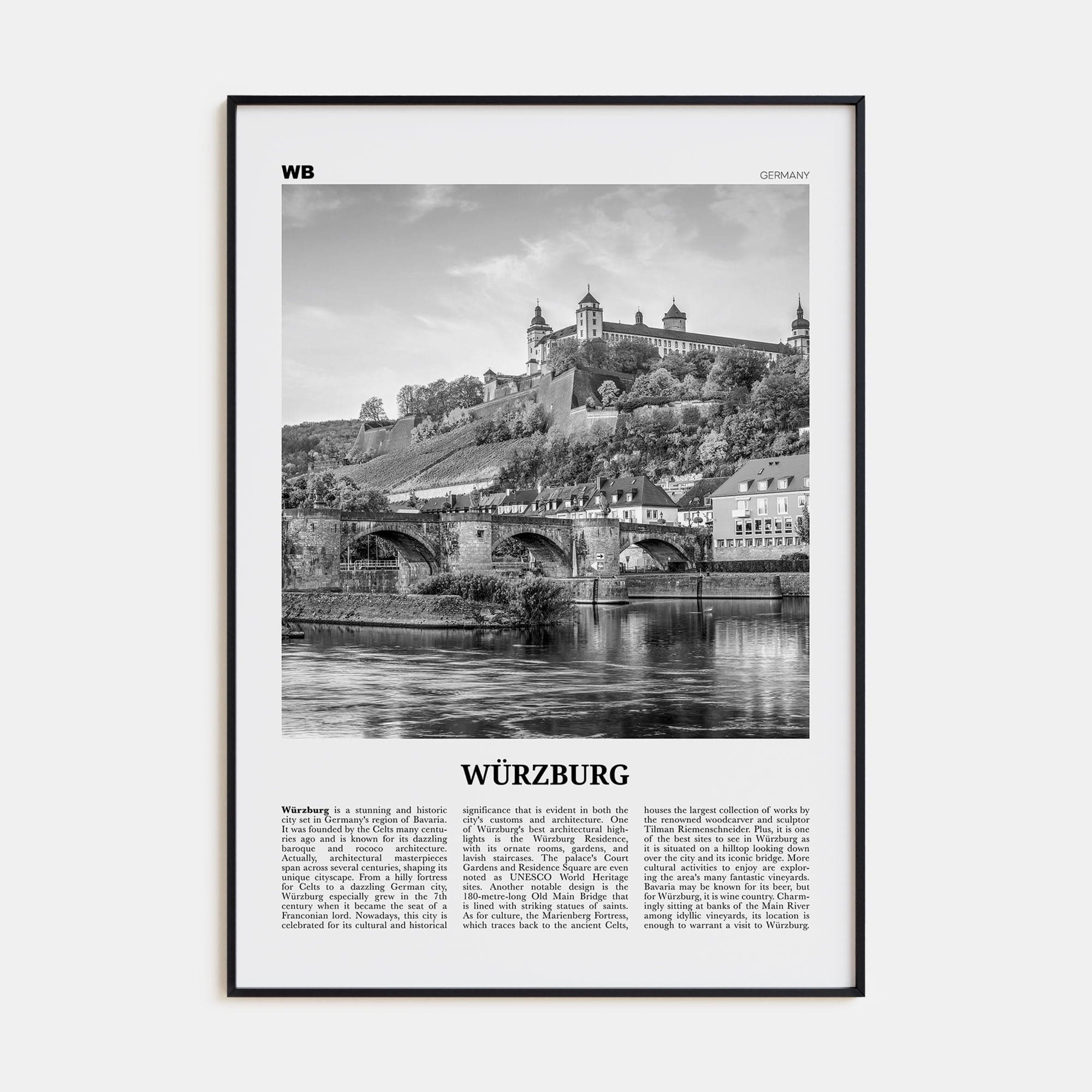 Würzburg No 2 Poster Black Metal / 8x12 in Nbourhood Travel B&W Poster