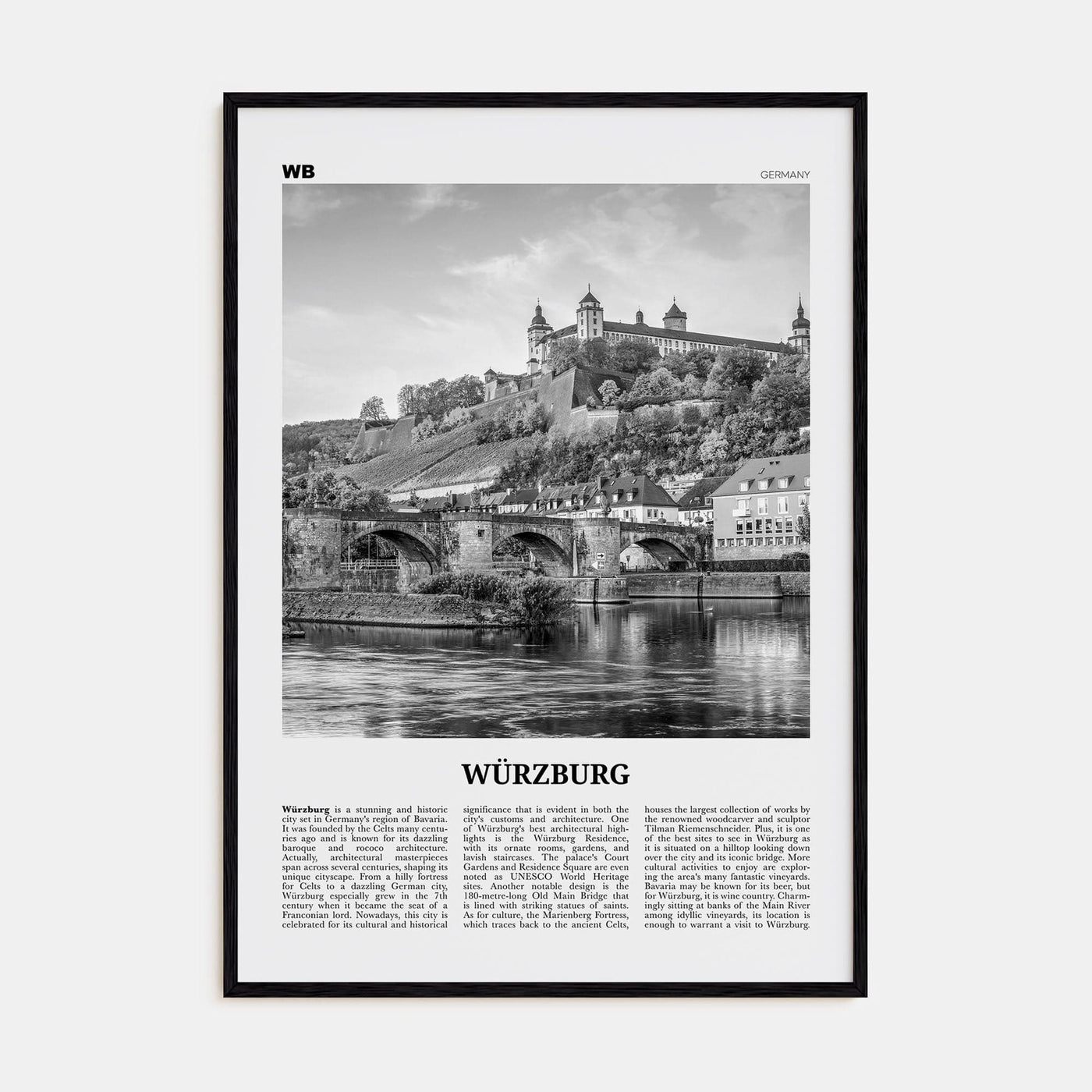 Würzburg No 2 Poster Black Wood / 8x12 in Nbourhood Travel B&W Poster