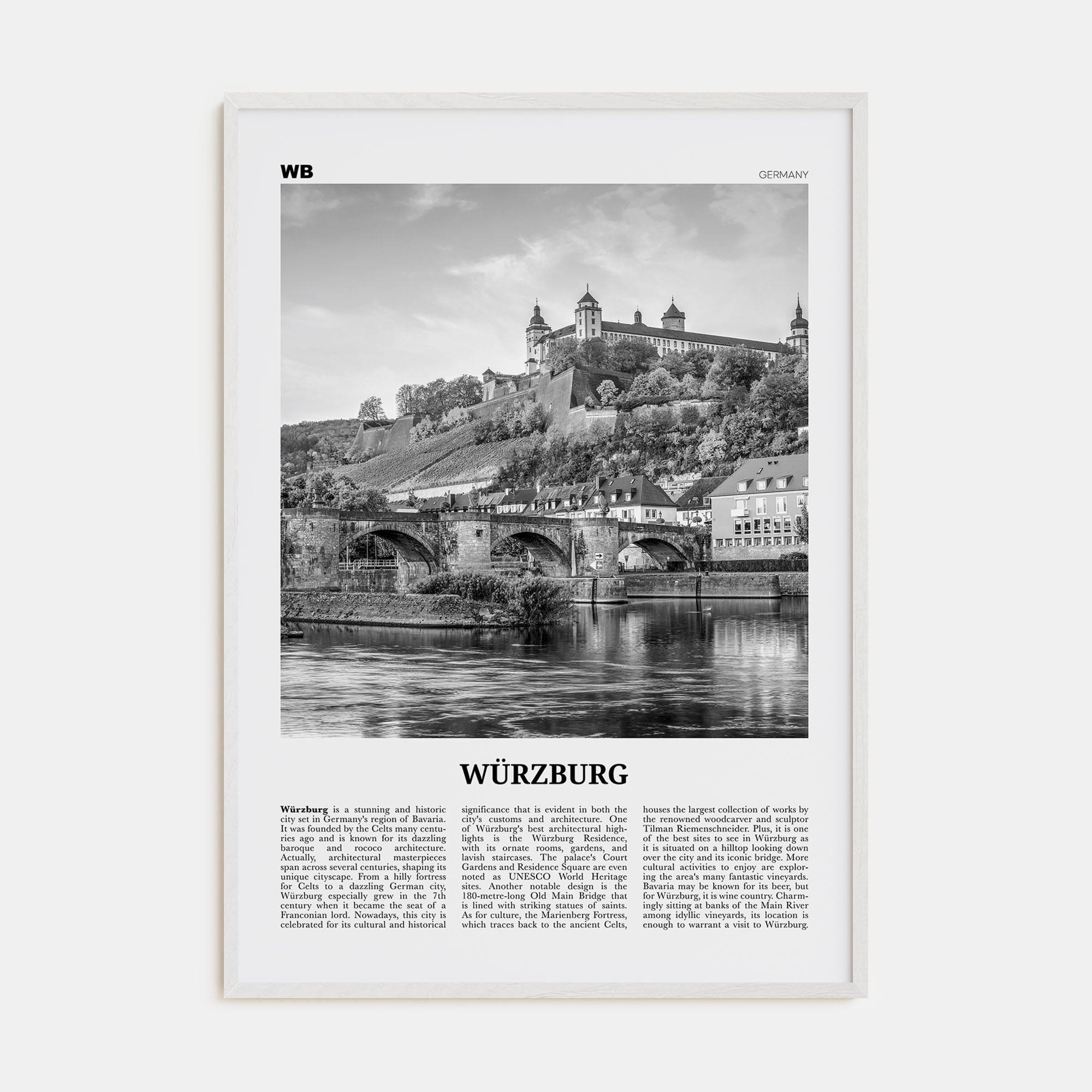 Würzburg No 2 Poster White Wood / 8x12 in Nbourhood Travel B&W Poster