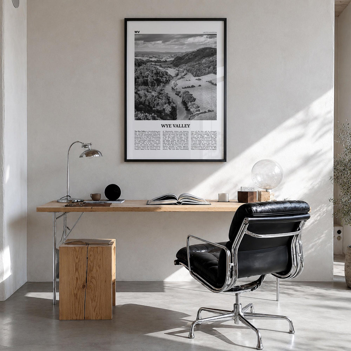 Wye Valley black & white newspaper poster of United Kingdom – vertical wall art in black wood frame, hanging on wall