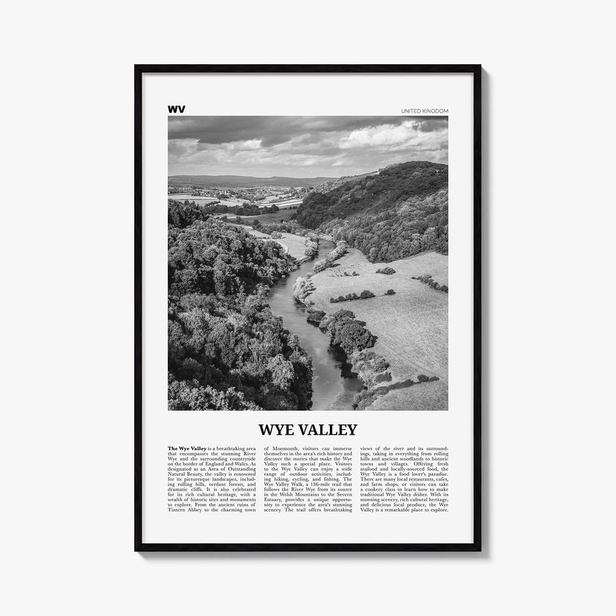 Wye Valley black & white newspaper poster of United Kingdom – vertical wall art, unframed print shown in interior mockup