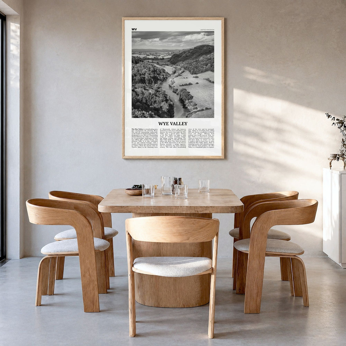 Wye Valley Newspaper Poster in a natural wood frame, hanging in a dining room