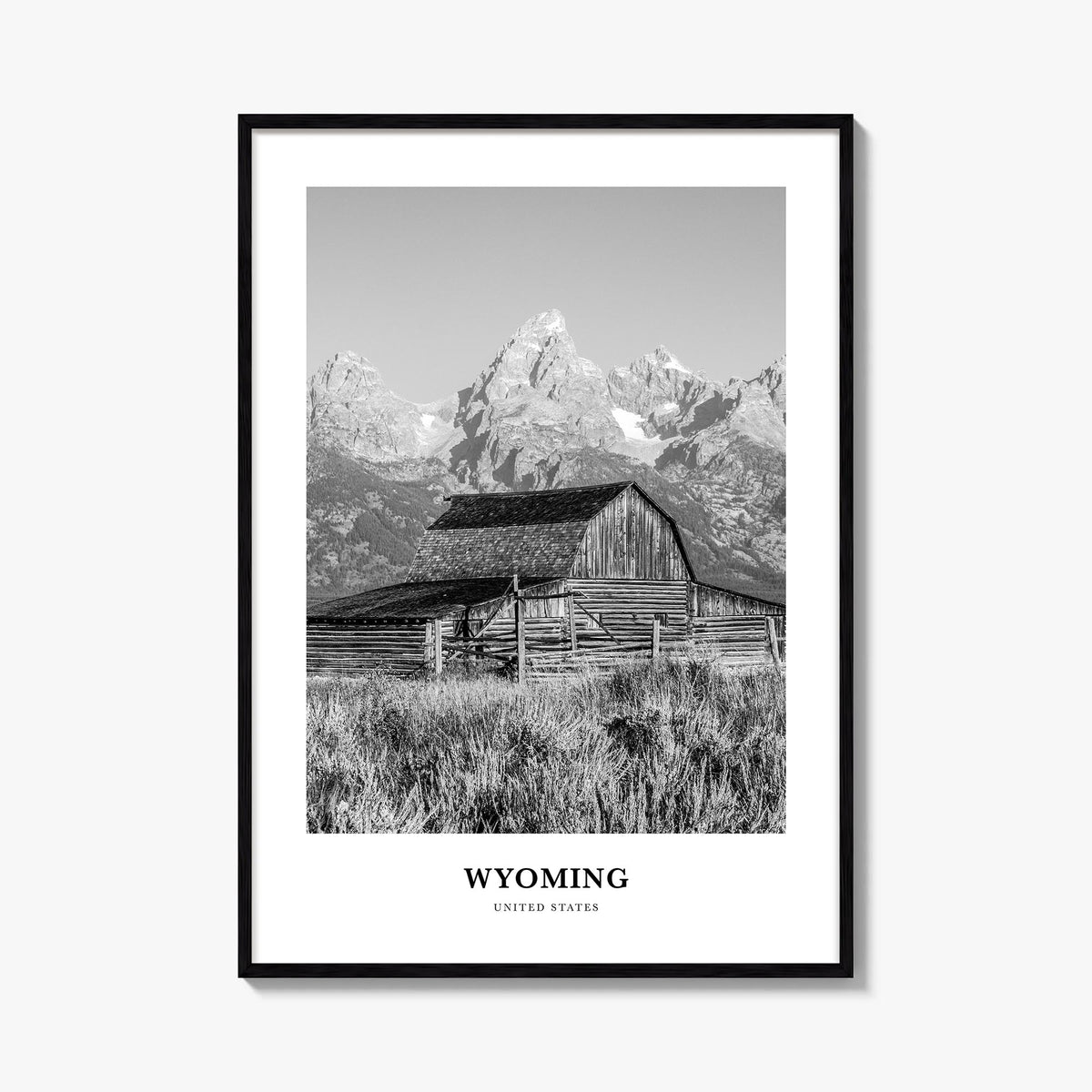 Wyoming black & white classic poster of United States – vertical wall art, unframed print shown in interior mockup
