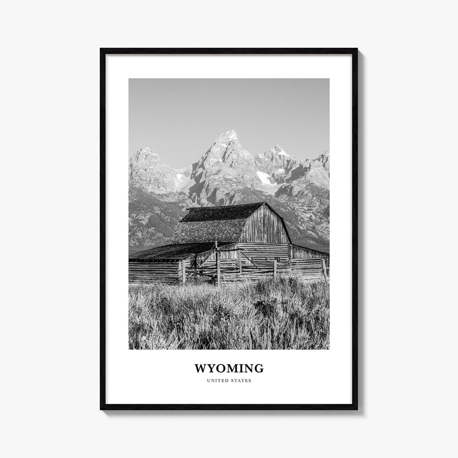 Wyoming black & white classic poster of United States – vertical wall art, unframed print shown in interior mockup