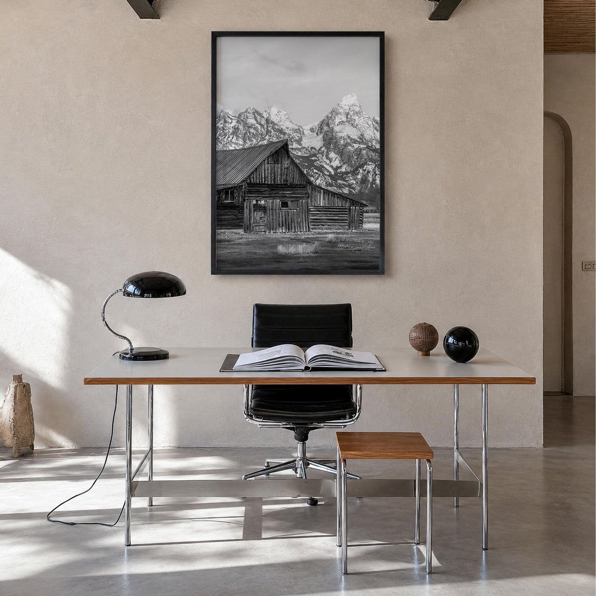 Wyoming black & white photo poster of United States – vertical wall art in black wood frame, hanging on wall
