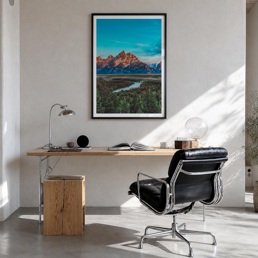 Wyoming colorful photo poster of United States – vertical wall art in black wood frame with white border, hanging on wall