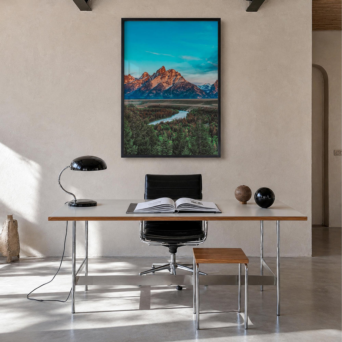 Wyoming colorful photo poster of United States – vertical wall art in black wood frame, hanging on wall