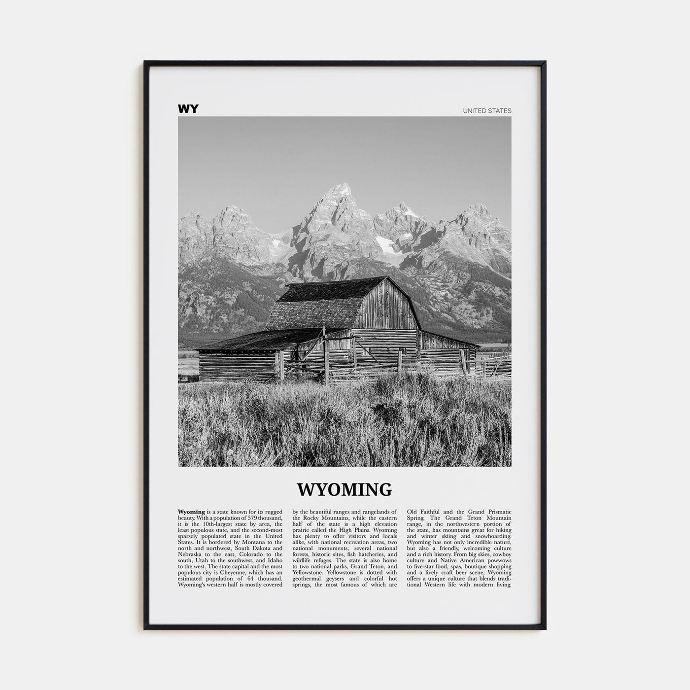 Wyoming No 1 Poster Black Metal / 8x12 in Nbourhood Travel B&W Poster